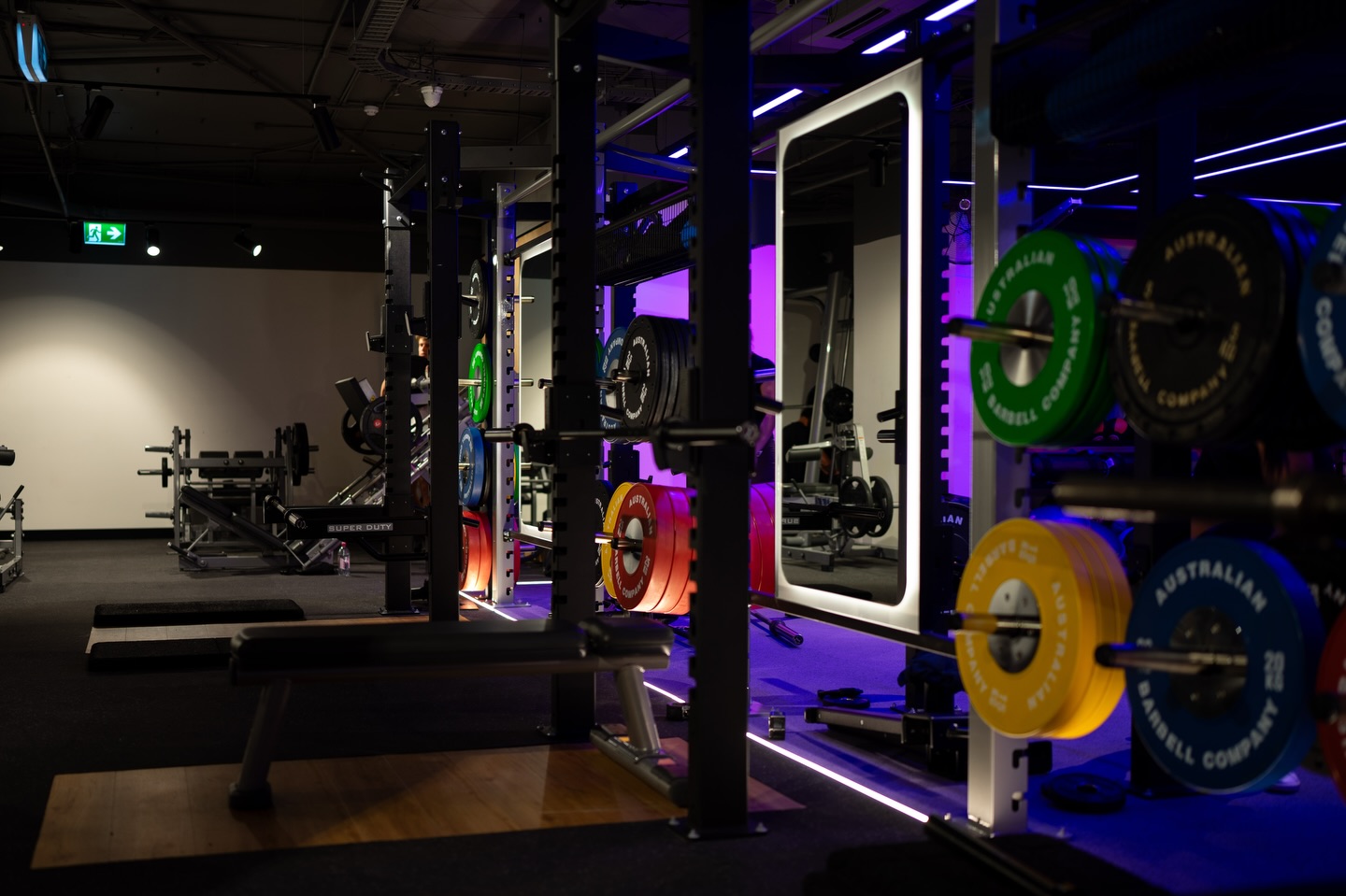 Gym interior lit with purple light and colourful weight plates